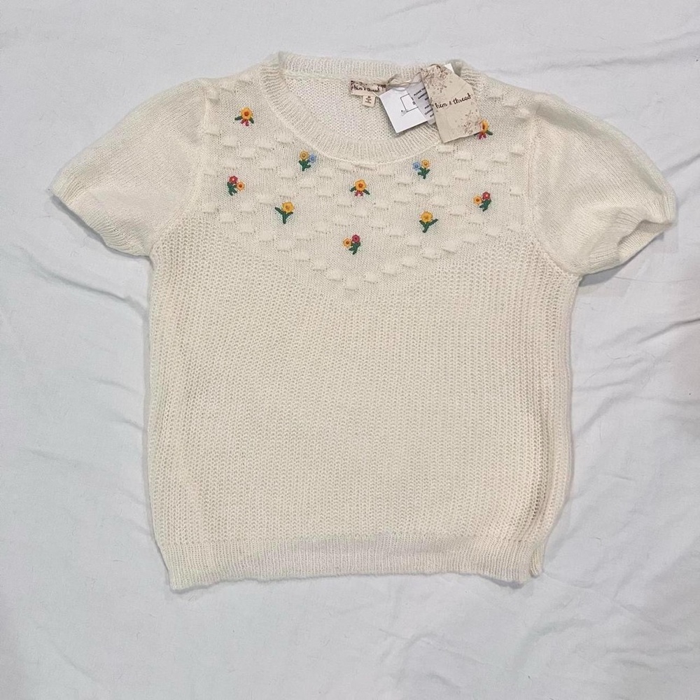 Hem & Thread White Knit Top with Floral Details